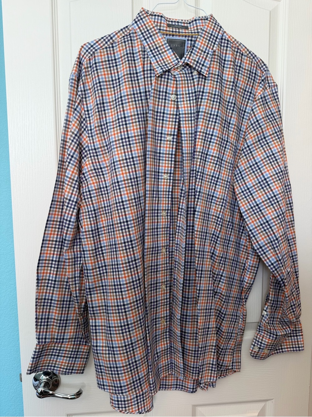 Men's Enro Plaid Button-Down Dress Shirt in Orange and Blue